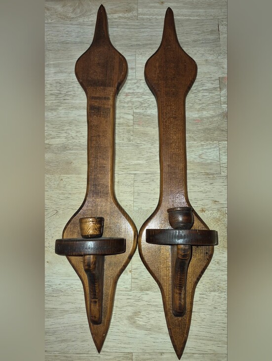 Other - 2 Vintage, Handmade Stained Wooden wall Sconces w/ Pegged Candle Cups